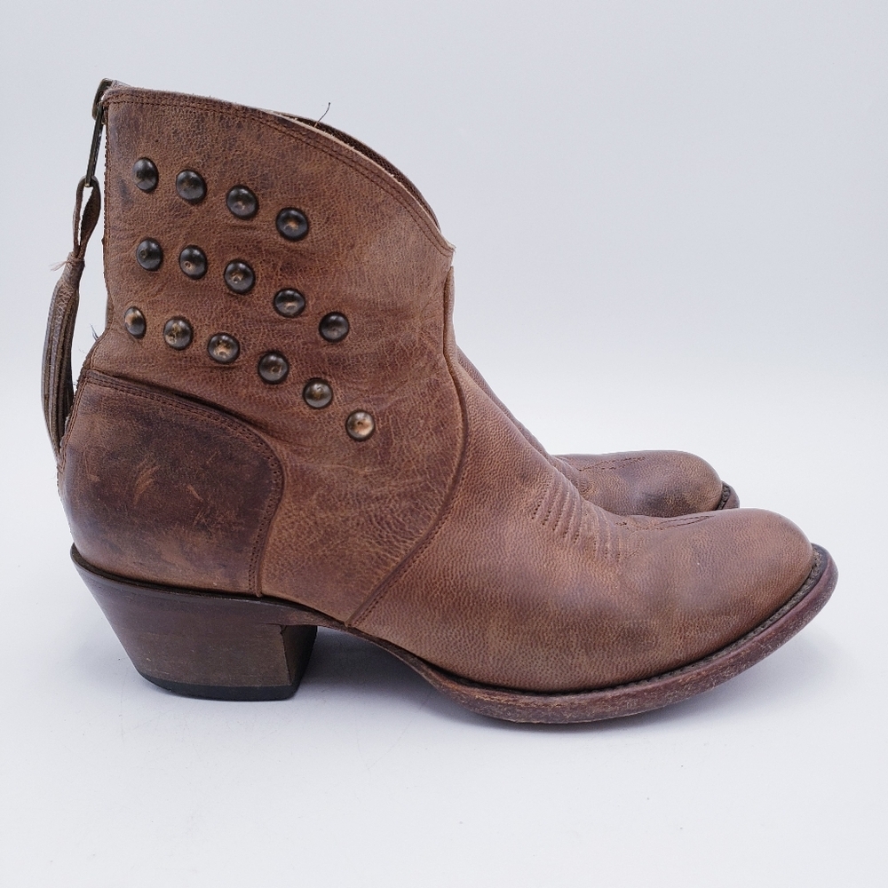 Shyanne Brown Leather Ankle Boot Western‎ Studded Fringe Boho Size 6.5 B